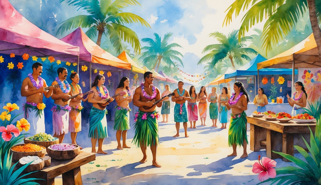 People in traditional Hawaiian clothing participating in cultural activities and enjoying traditional food at a lively outdoor festival surrounded by tropical plants.