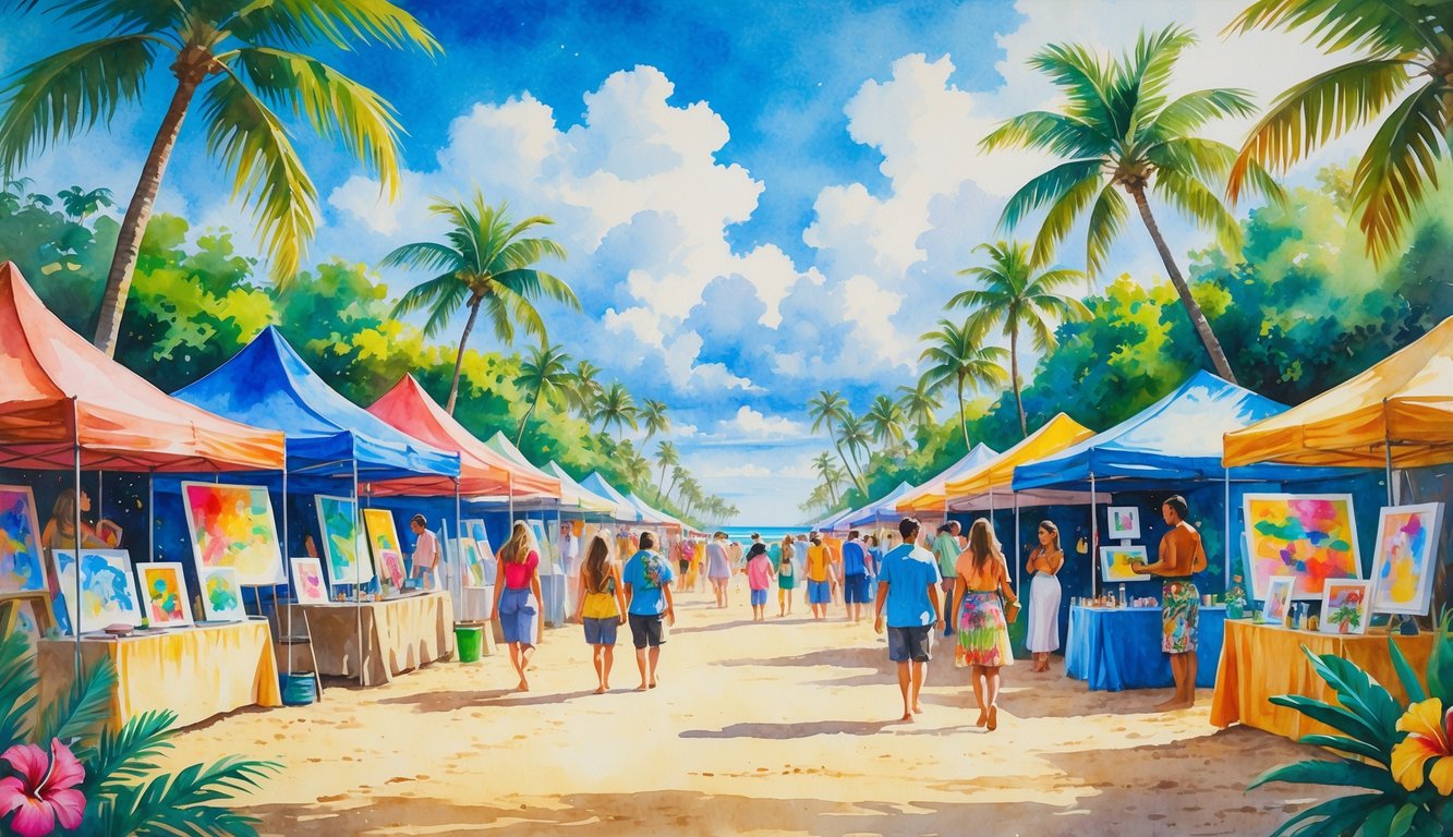 A lively outdoor art festival on a Hawaiian beach with palm trees, colorful tents, people viewing art, and tropical flowers.
