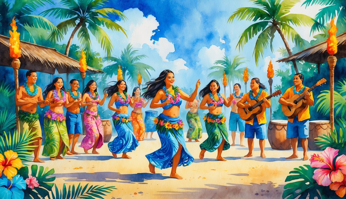 People dressed in traditional Hawaiian clothing dancing and playing instruments outdoors surrounded by tropical plants and flowers.