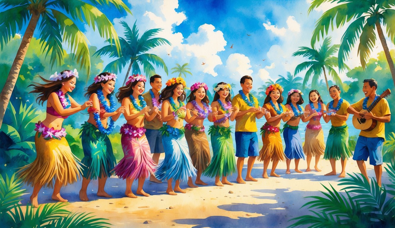 People making and wearing colorful flower leis outdoors surrounded by tropical plants and trees, with hula dancers and a ukulele player celebrating together.