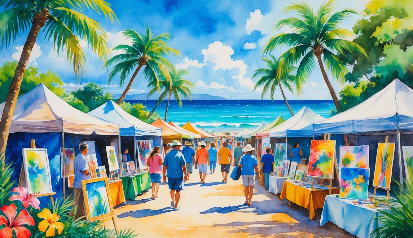 A beachside art festival in Hawaii with people browsing art stalls, palm trees, ocean, and tropical flowers.