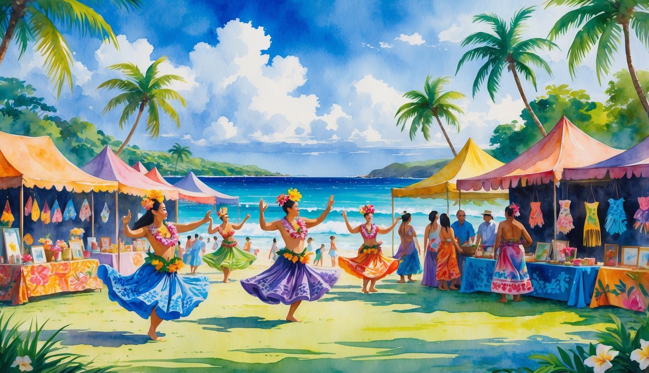 Outdoor festival in Hawaii with dancers in traditional costumes, colorful stalls, palm trees, and ocean in the background.