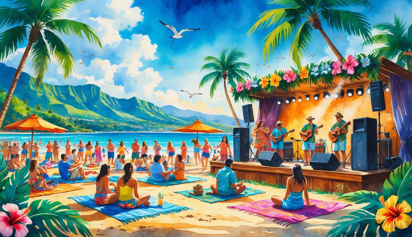 A lively beach scene with people dancing and playing music near palm trees, mountains, and the ocean.