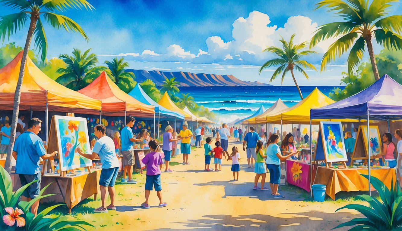 A lively outdoor art festival in Hawaii with families and children participating in various art activities surrounded by tropical plants, ocean, and mountains.