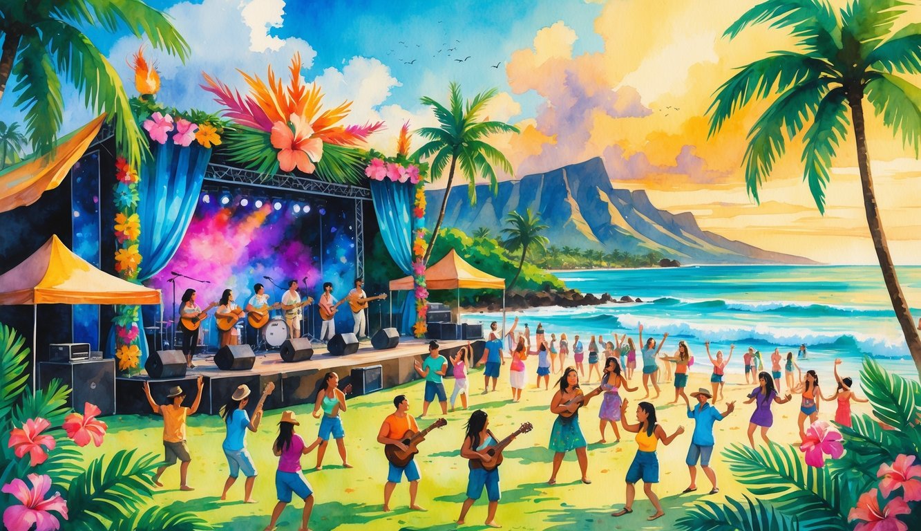 A lively beach music festival with musicians playing instruments and people dancing near palm trees and the ocean at sunset.