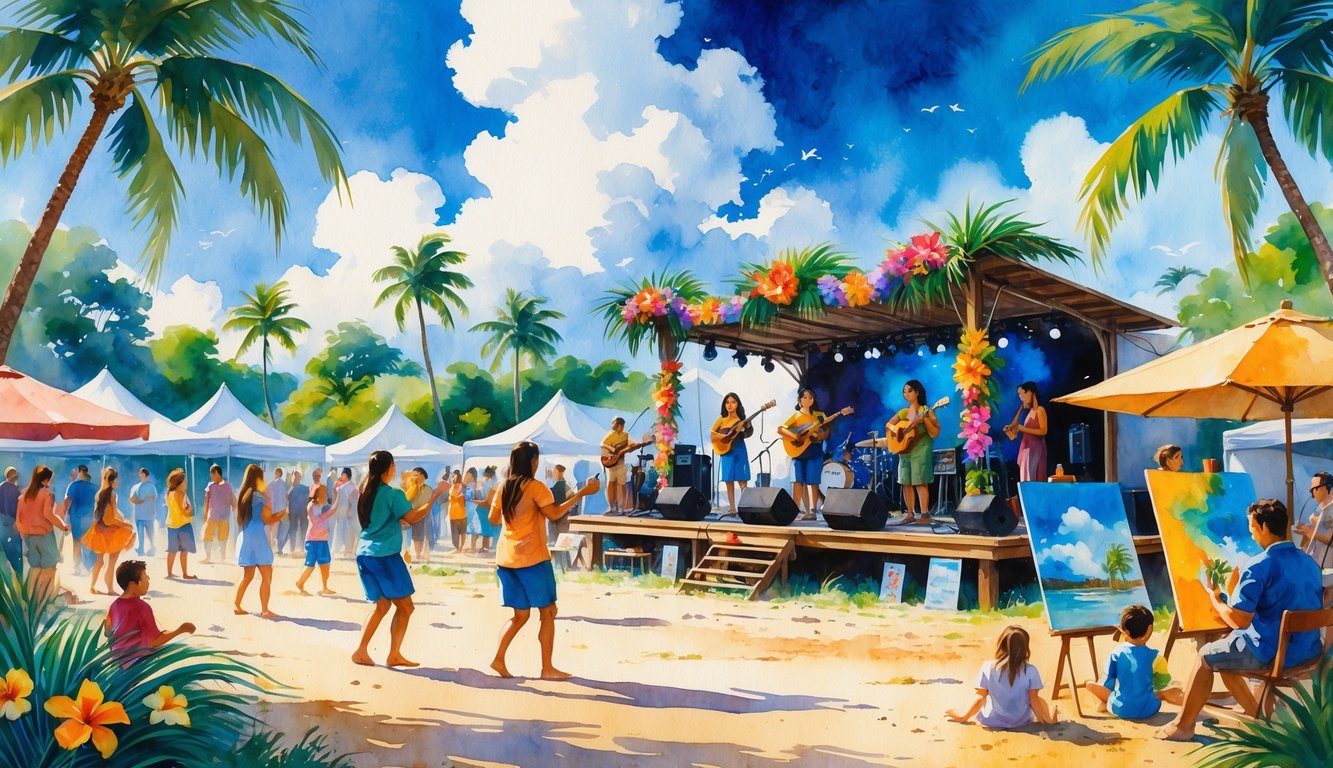 A lively outdoor festival scene in Hawaii with musicians playing traditional instruments, people dancing and enjoying art stalls surrounded by palm trees and clear skies.