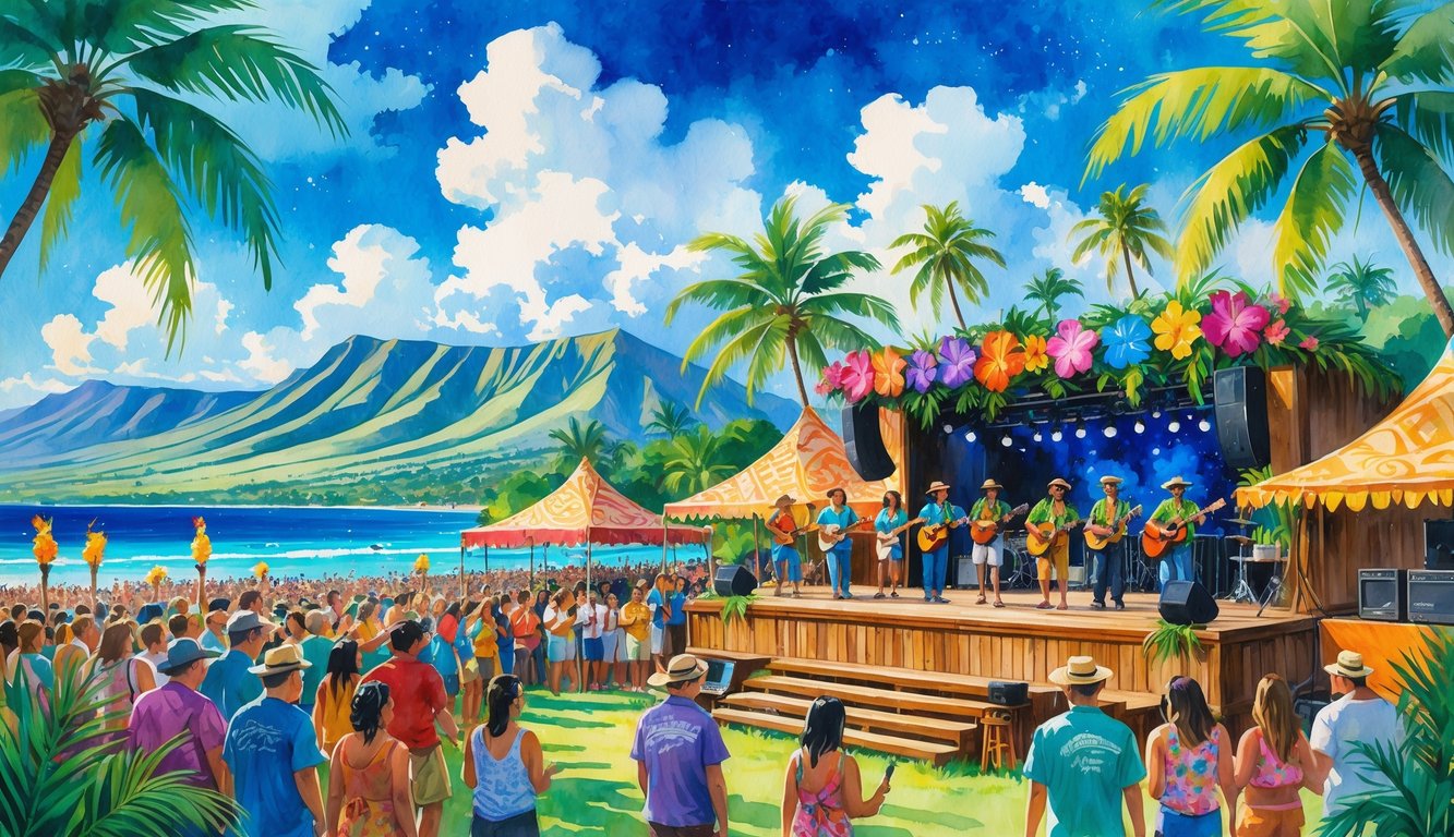 A lively outdoor music festival in Hawaii with musicians playing on a decorated stage, surrounded by palm trees, a crowd of people, and the ocean in the background.