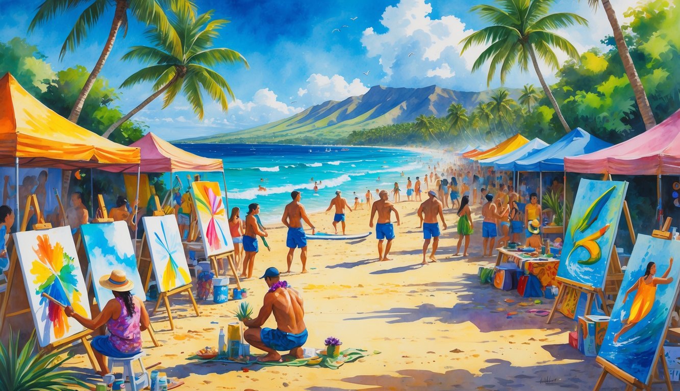 A lively Hawaiian beach festival with people painting, playing sports like surfing and canoe paddling, and enjoying cultural activities among palm trees and mountains.