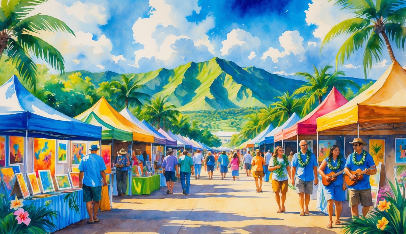A busy outdoor art festival in Hawaii with people walking among colorful tents, tropical plants, and mountains in the background.