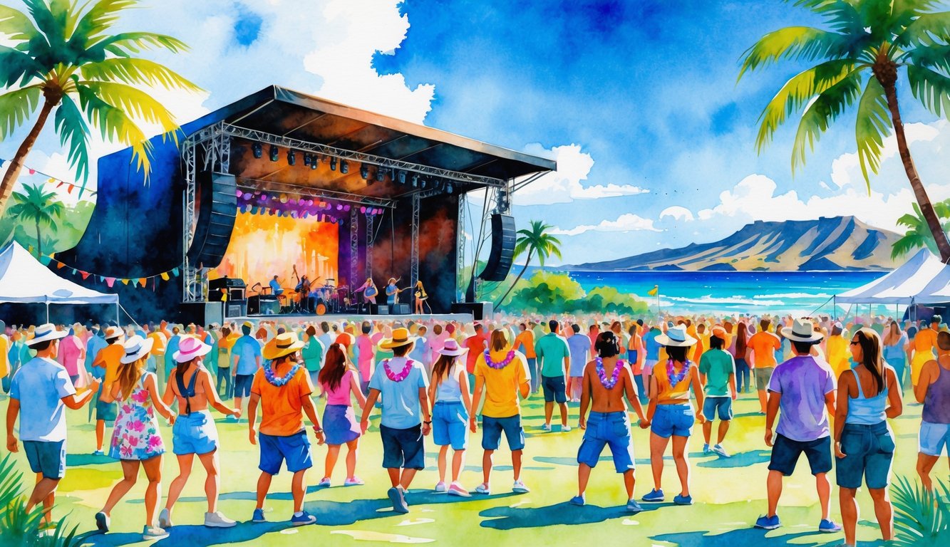 A lively outdoor music festival in Hawaii with people dancing near a stage surrounded by palm trees, ocean, and mountains.