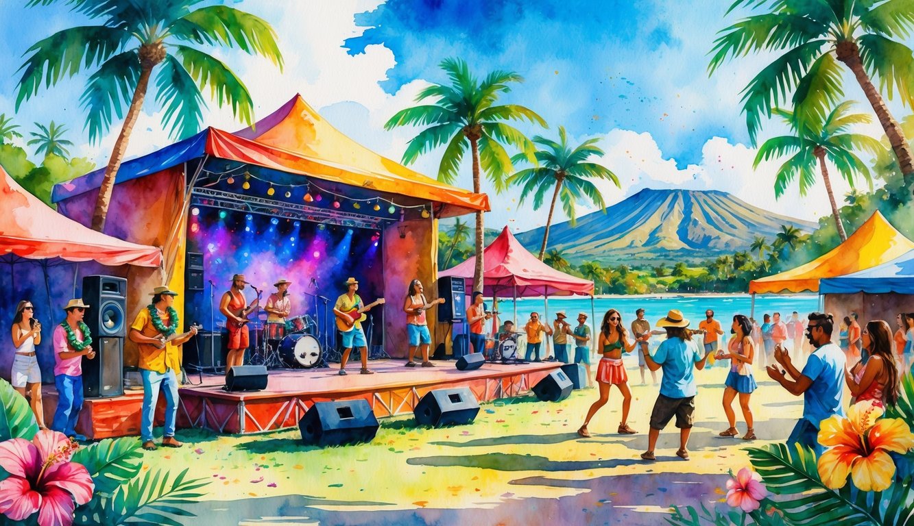 A lively outdoor music festival in Hawaii with musicians performing on stage, people dancing, palm trees, tropical flowers, and mountains in the background.