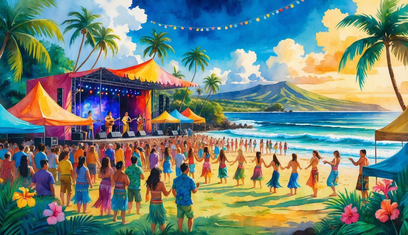 A lively outdoor music festival in Hawaii with people enjoying performances near a beach, surrounded by palm trees and tropical flowers.