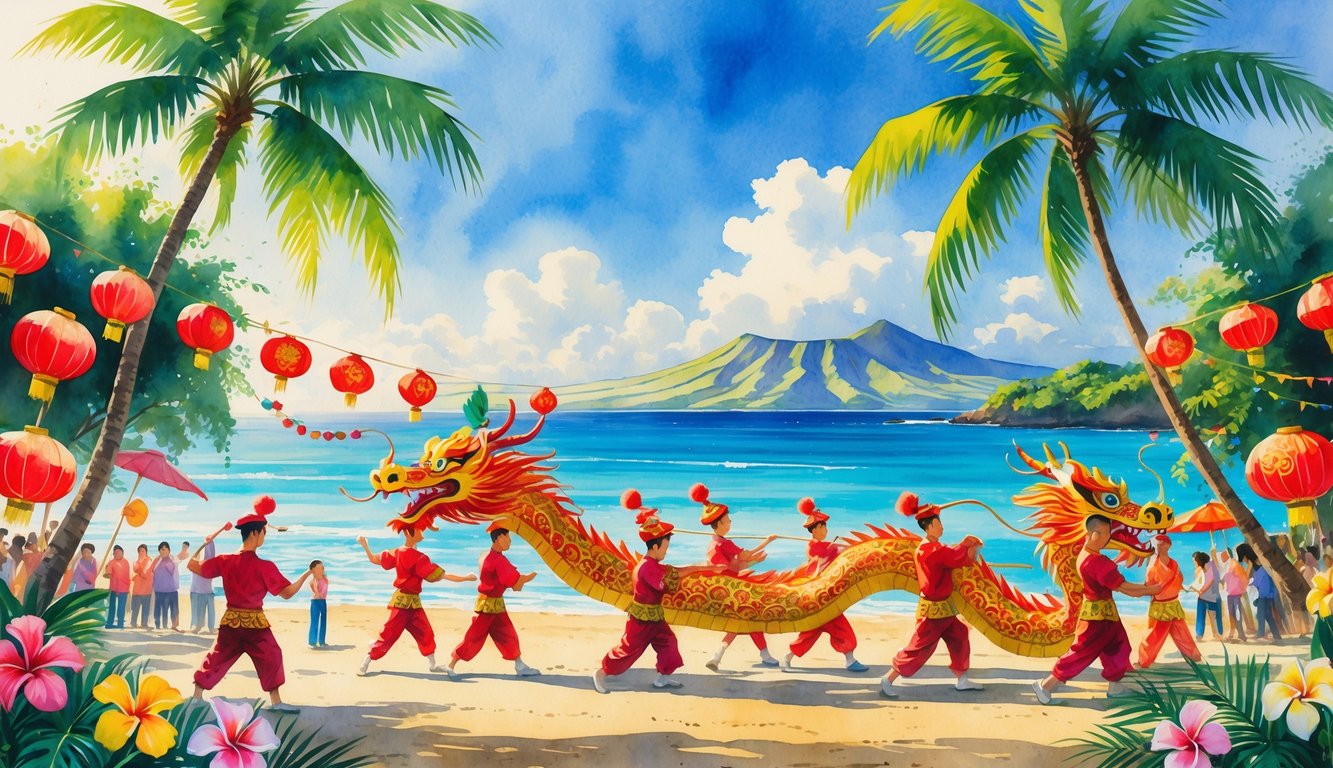 People performing a dragon dance near palm trees and a beach with mountains in the background during a festive celebration.