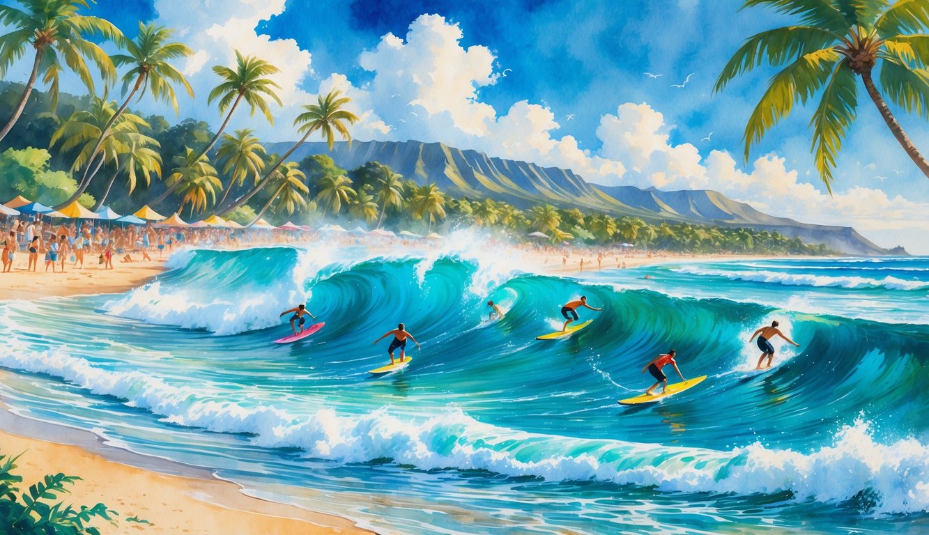 Surfers riding large waves near a tropical beach with palm trees, a crowd watching from the shore, and mountains in the background.