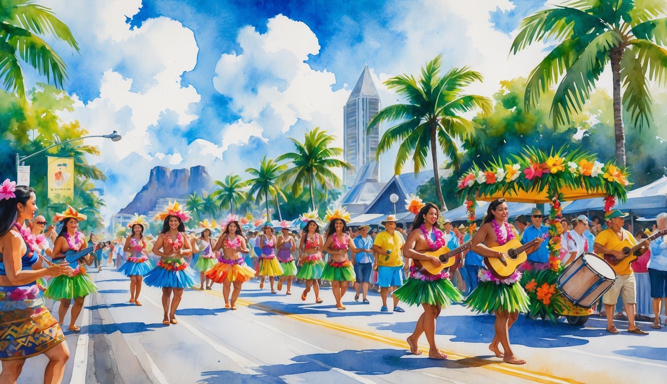 A lively street parade in Honolulu with dancers, musicians, colorful costumes, tropical flowers, palm trees, and people enjoying the festival outdoors.