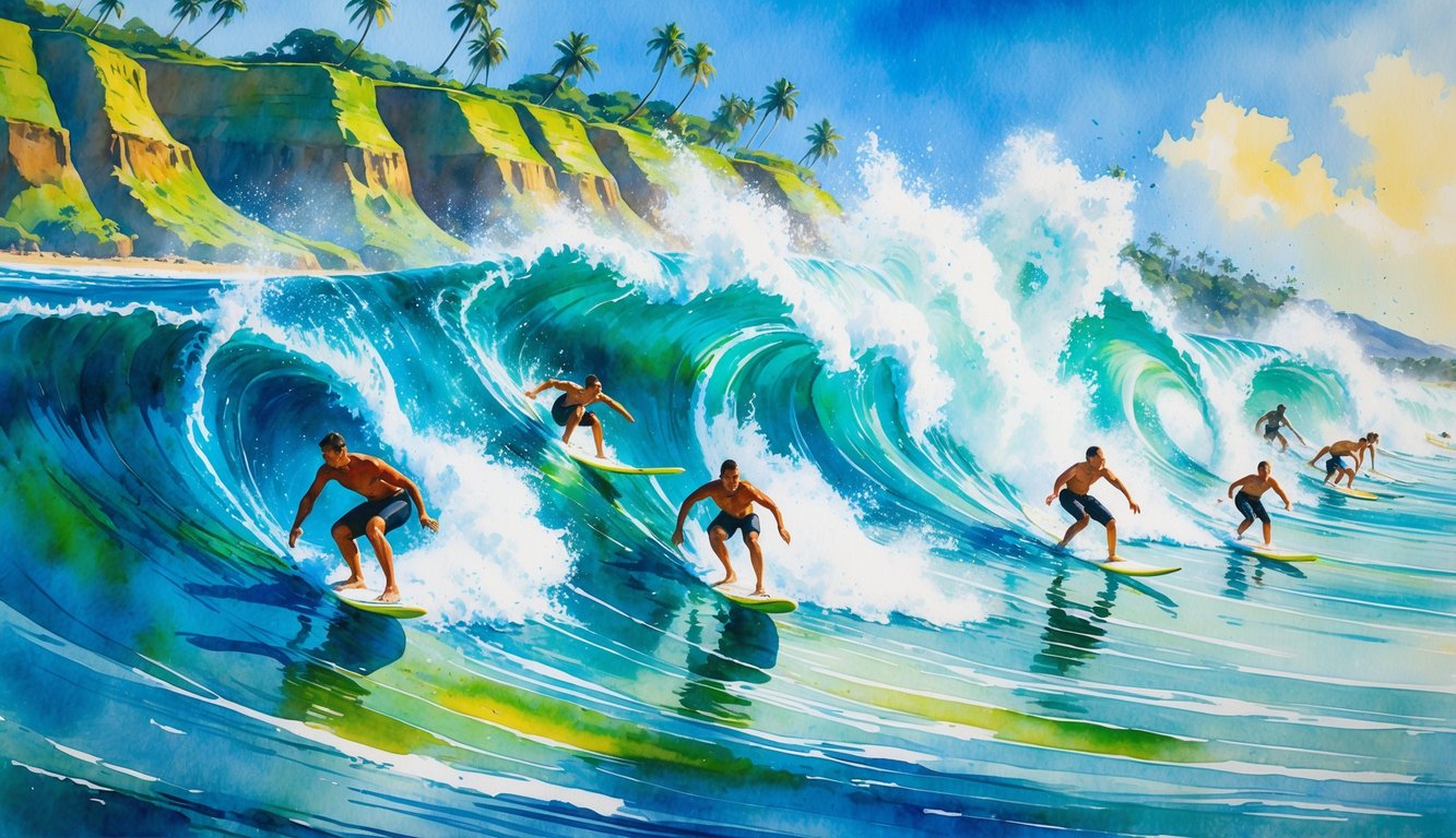 Surfers riding large ocean waves near a Hawaiian shoreline with cliffs and palm trees.