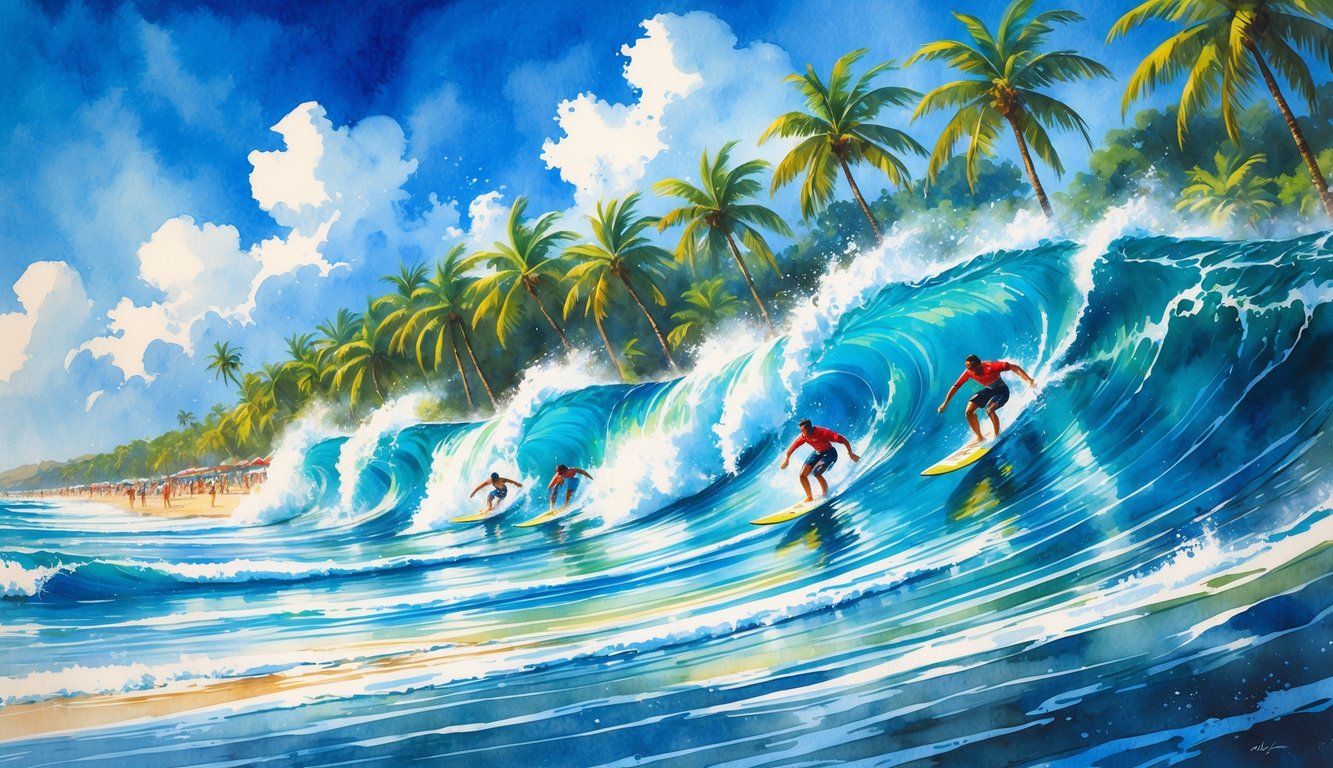 Surfers riding large ocean waves near a tropical beach with palm trees and spectators watching from the shore.