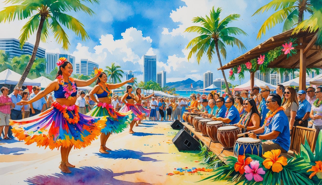 A lively outdoor festival scene with Hawaiian dancers, musicians, palm trees, and a crowd enjoying the celebration near the Honolulu city skyline.