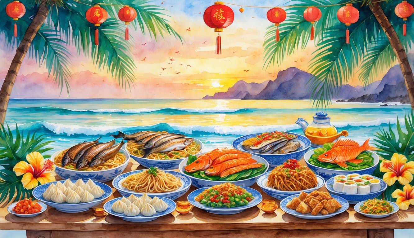 A festive table with traditional Chinese New Year foods set outdoors near a Hawaiian beach with tropical plants and decorations.