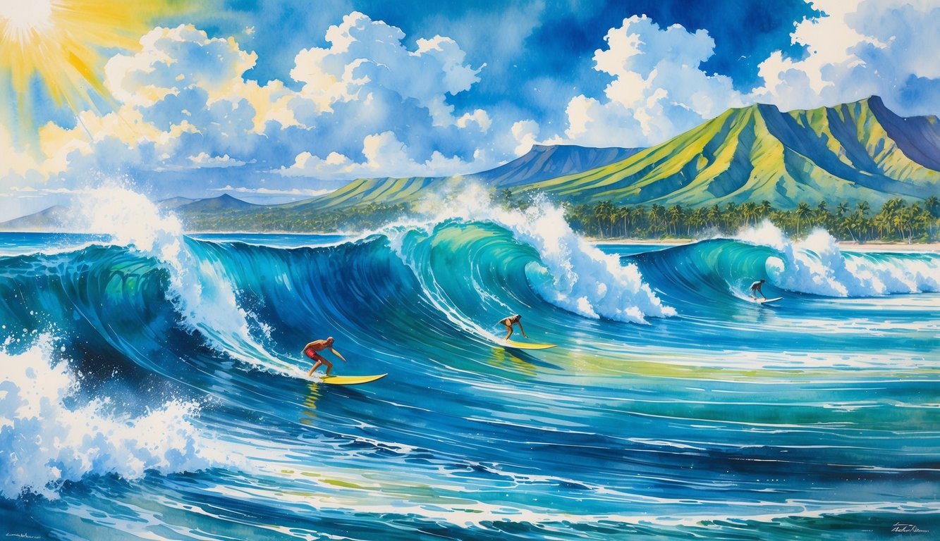 Surfers riding large waves near a tropical Hawaiian shoreline with mountains and greenery in the background.