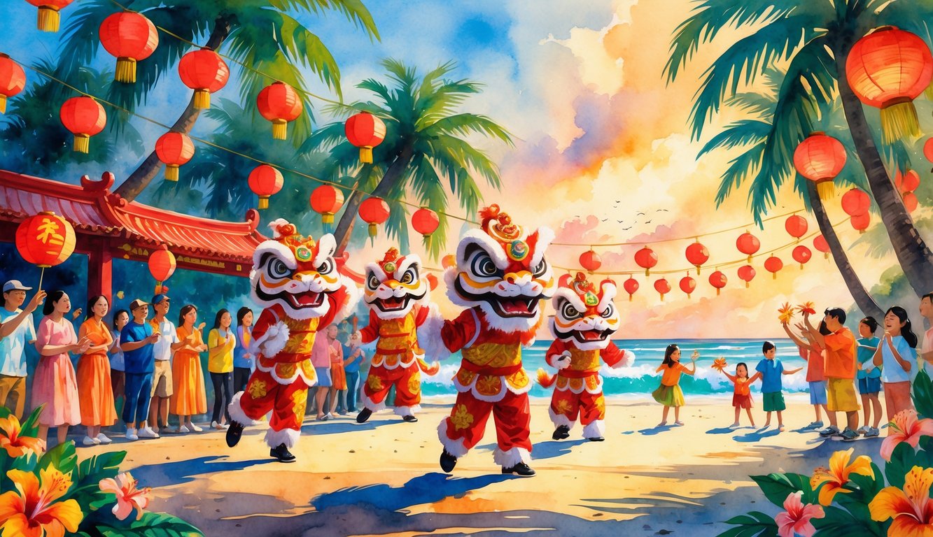A lively outdoor celebration with lion dancers, red lanterns hanging from palm trees, and a joyful crowd enjoying Chinese New Year festivities in Hawaii.