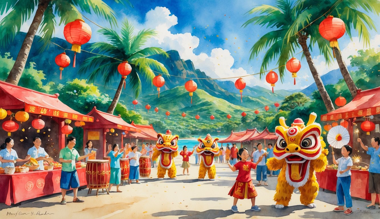 A lively outdoor festival on a Hawaiian island with people celebrating Chinese New Year, featuring lion dancers, red lanterns, palm trees, and ocean views.