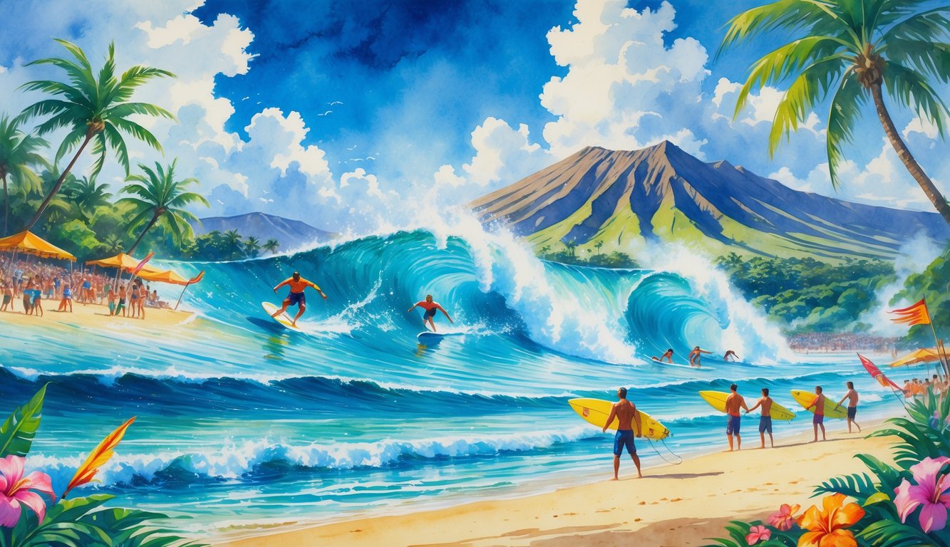 Surfers riding large ocean waves near a tropical beach with palm trees, mountains, and spectators watching the competition.