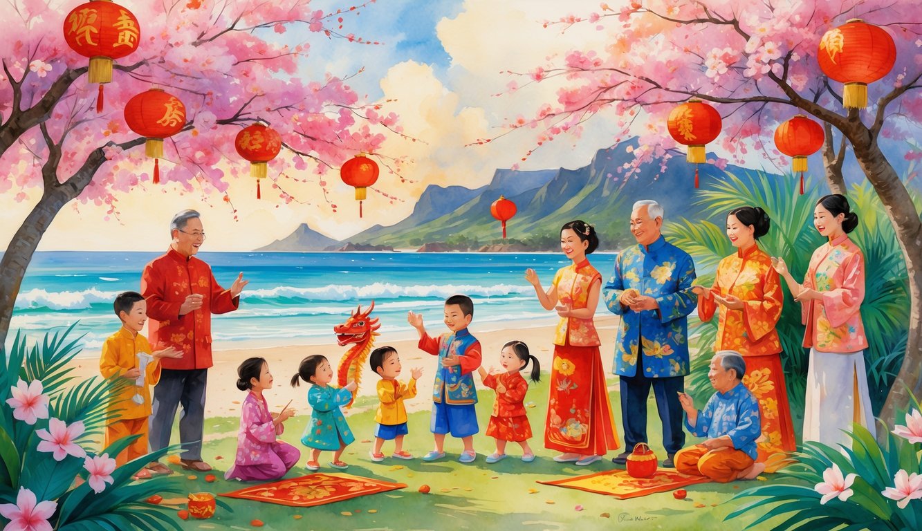 A family and community gathered outdoors in Hawaii celebrating Chinese New Year with red lanterns, dragon puppets, cherry blossoms, and tropical scenery including palm trees and a beach.
