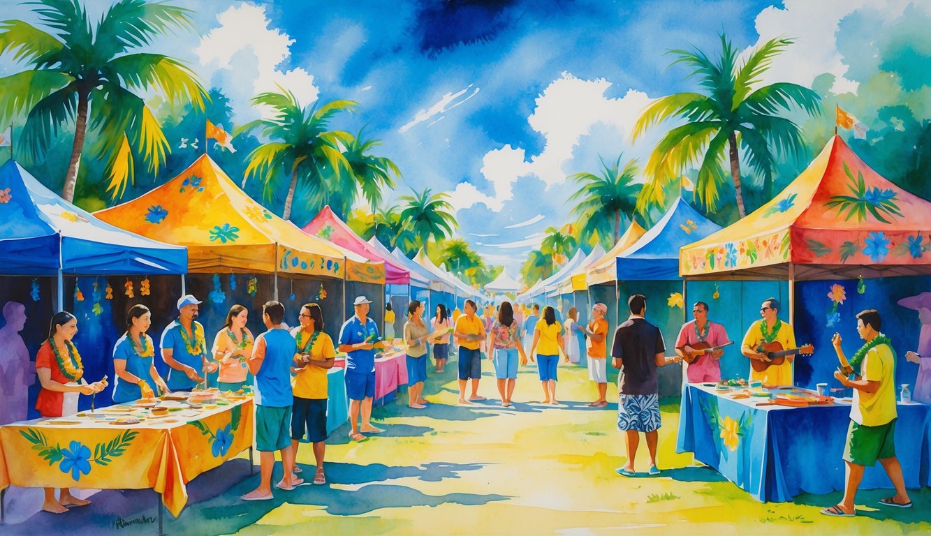 People participating in cultural workshops and activities at a lively outdoor festival with palm trees and colorful tents.