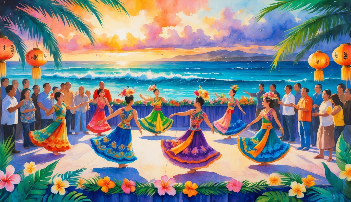 People in colorful traditional costumes dancing on an outdoor stage near the ocean at sunset, surrounded by tropical flowers and festival decorations with a crowd watching.