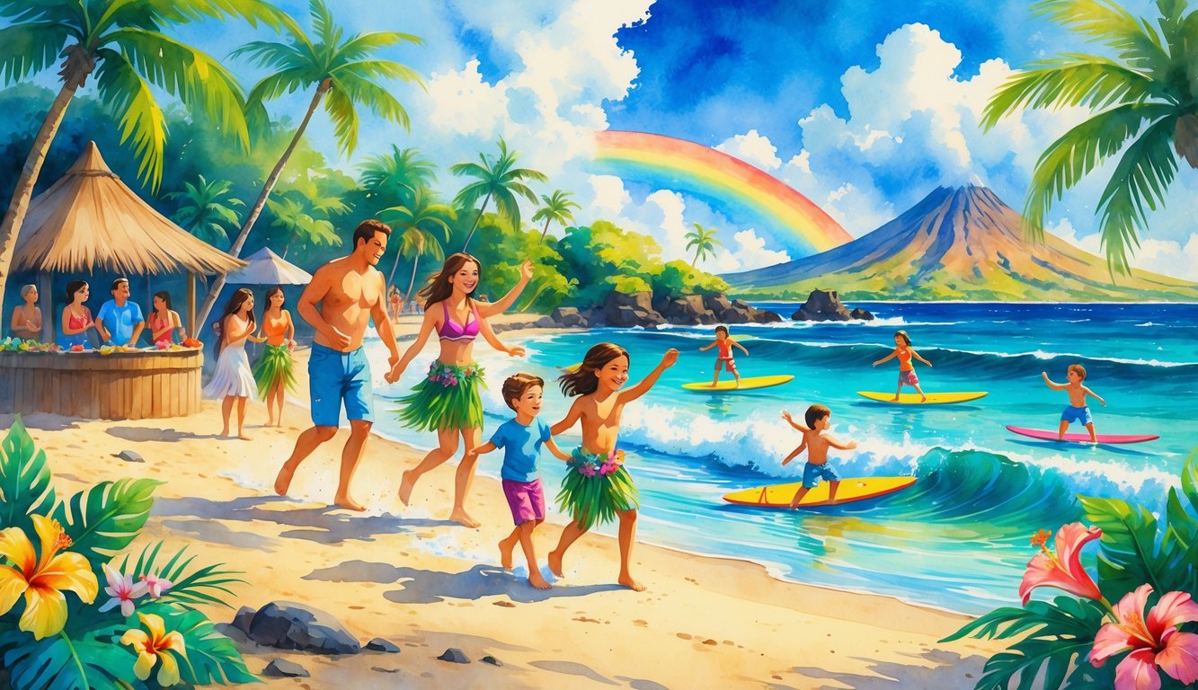 A family enjoying beach activities, hula dancing, and tropical scenery with palm trees, flowers, and a volcano in the background.