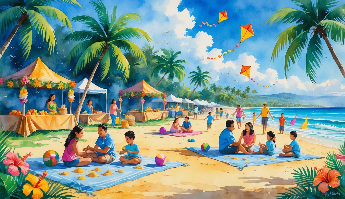 Families enjoying a sunny beach in Hawaii with children playing, adults relaxing, and market stalls with tropical decorations.
