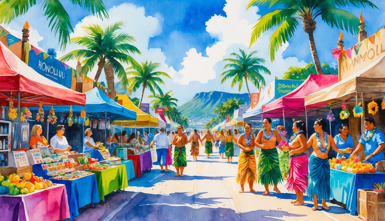 A busy outdoor festival scene with people shopping at market stalls, Hawaiian dancers performing, palm trees, and a mountain in the background.