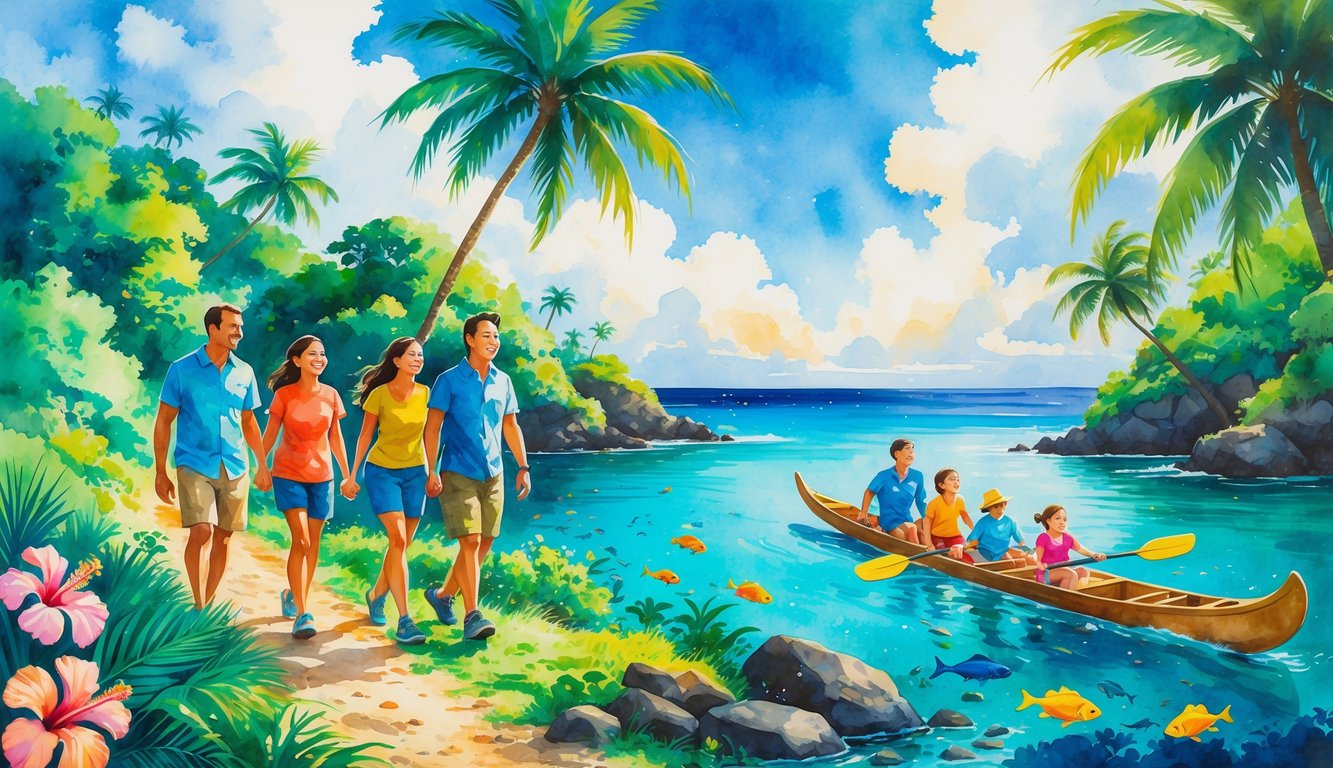 A family hiking on a tropical trail near the ocean with palm trees, flowers, and others snorkeling and paddling a canoe in clear blue waters.