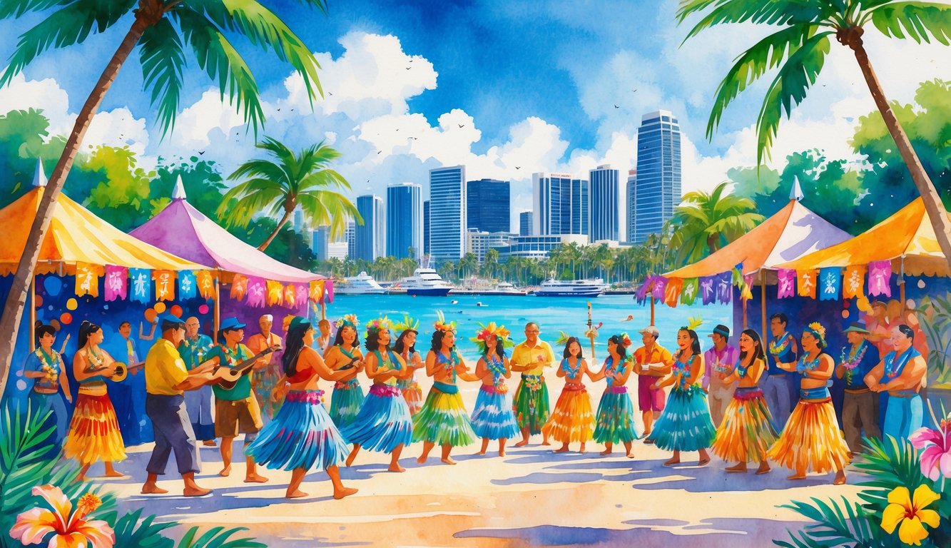 People in colorful traditional Hawaiian clothing dancing and celebrating outdoors near palm trees and a waterfront with a city skyline in the background.