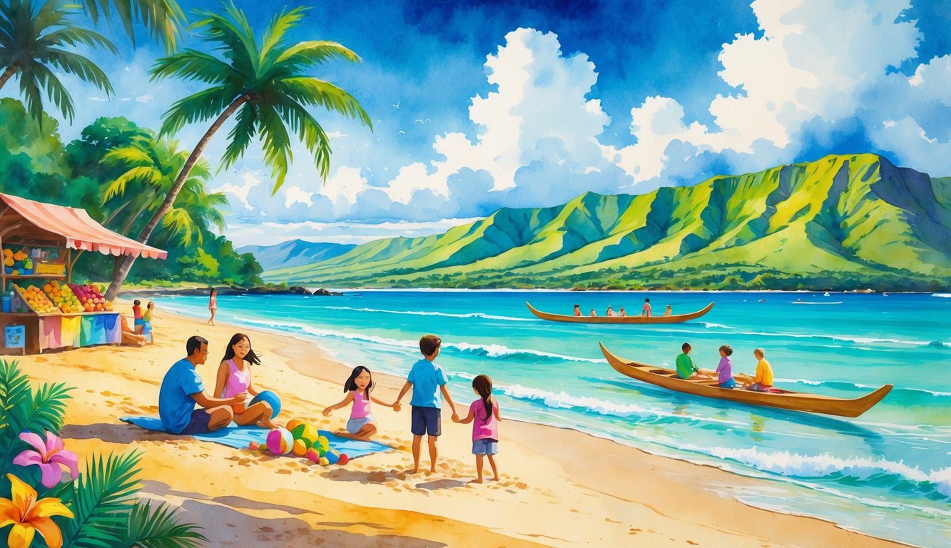 A family enjoying a sunny beach on Oahu with children playing in the sand, palm trees, mountains, and a canoe on the ocean.