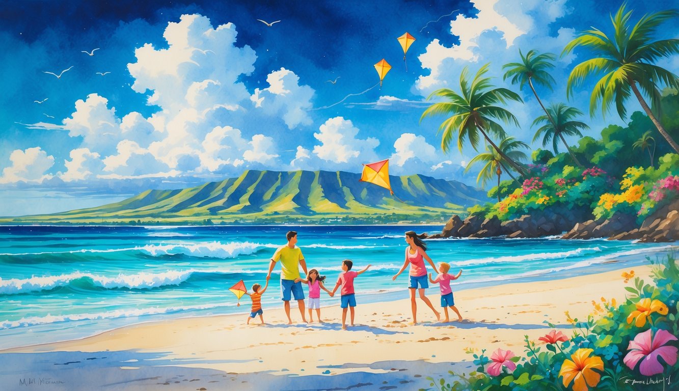 A family with parents and children playing together on a sunny Maui beach with palm trees, ocean waves, and mountains in the background.