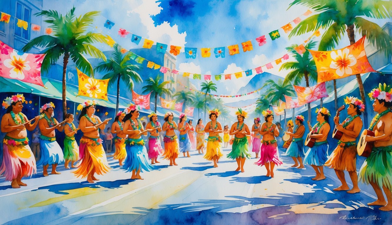 A lively Hawaiian street parade with dancers in colorful costumes, musicians playing instruments, palm trees, and festive decorations under a blue sky.