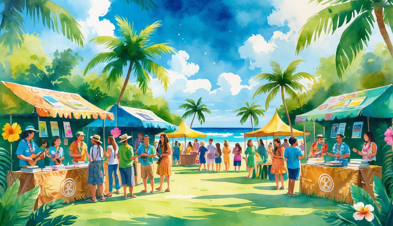 People enjoying an outdoor festival in a tropical setting with palm trees, book stalls, and musicians playing instruments near the ocean.