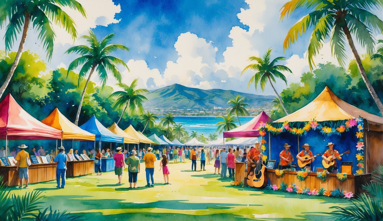 Outdoor festival in a tropical park with people browsing books and listening to musicians playing Hawaiian instruments near palm trees and ocean.