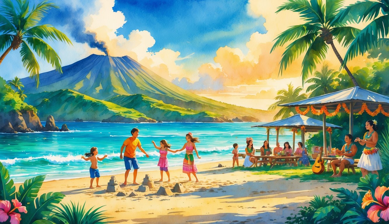 A family enjoying a tropical beach with children playing in the sand, palm trees, a volcano in the background, and people dancing in traditional Hawaiian clothing.
