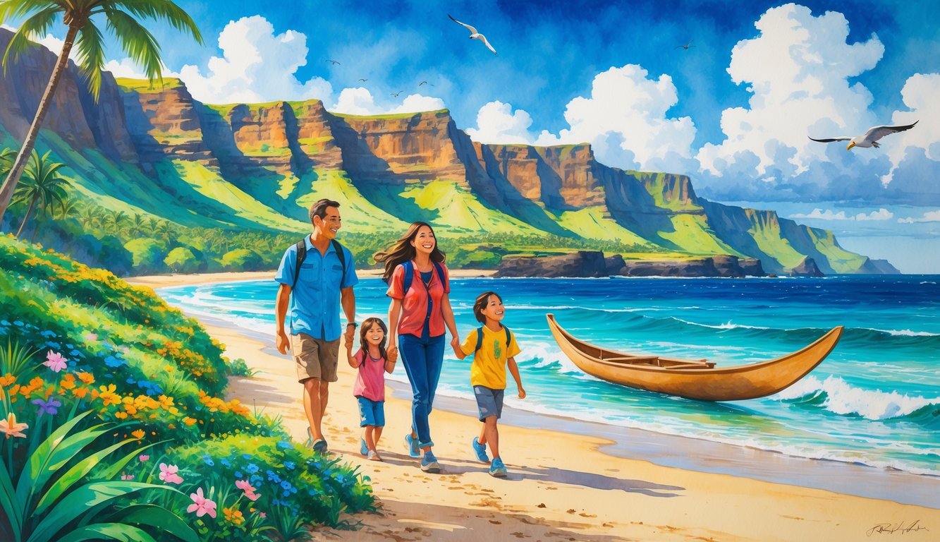 A family of four walking along a coastal trail in Kauai surrounded by tropical plants, cliffs, and the ocean.