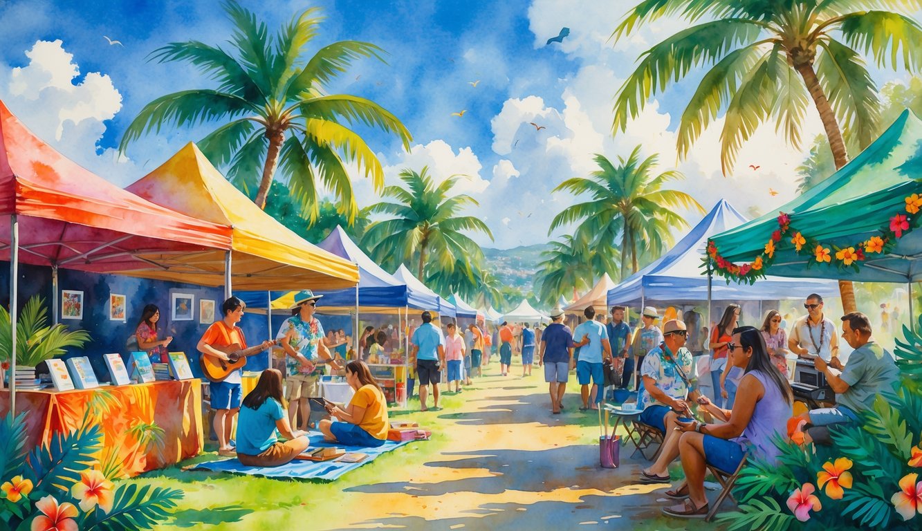 People enjoying an outdoor festival in Hawaii with tents, musicians playing instruments, and attendees walking and sitting among palm trees and tropical flowers.
