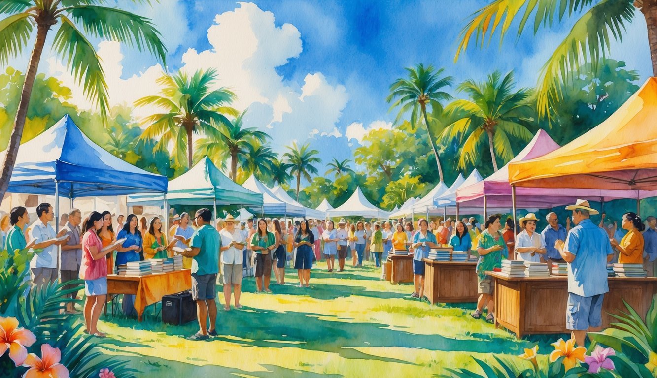 People gathered outdoors at a Hawaiian festival with authors, speakers, musicians, palm trees, and colorful tents.