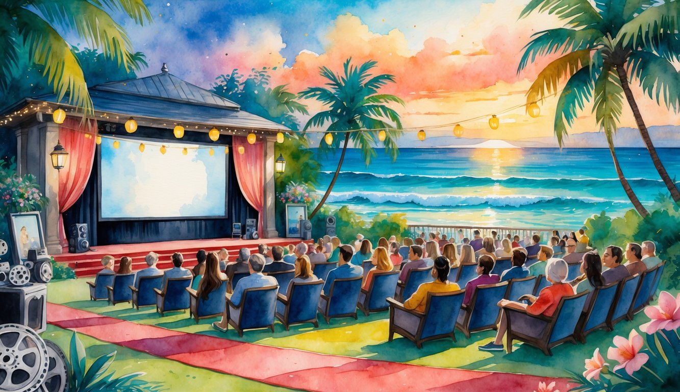 An outdoor cinema on Maui with people watching a film surrounded by palm trees and ocean at sunset.