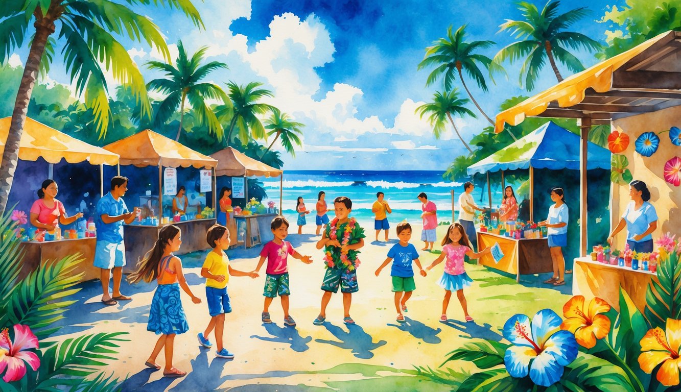 Families enjoying outdoor activities with tropical plants, palm trees, and the ocean in the background on a sunny day.
