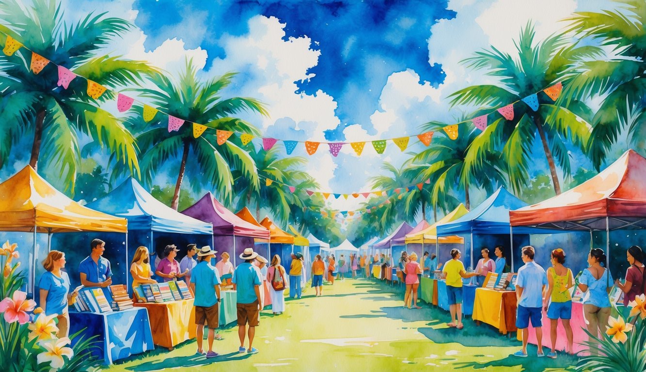 People enjoying an outdoor festival in Hawaii with book stalls, live music, palm trees, and festive decorations under a blue sky.
