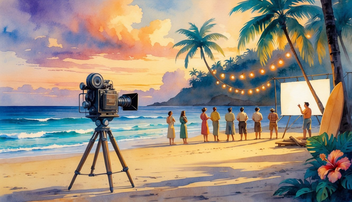 A group of people watching a film on a beach at sunset with a vintage camera, palm trees, and tiki torches nearby.