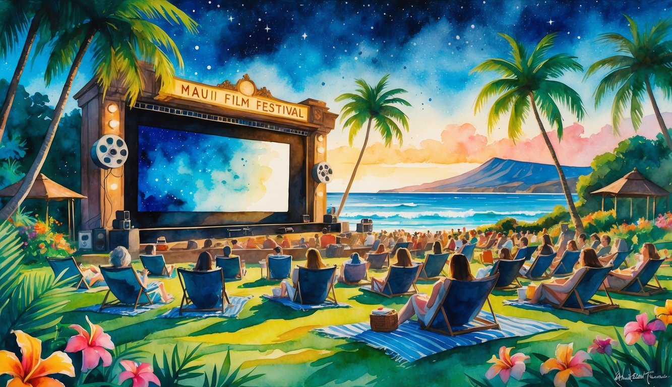An outdoor tropical film festival at dusk with people seated on blankets and chairs watching a large screen surrounded by palm trees, ocean waves, and mountains in the background.