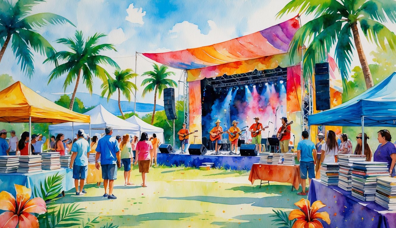 People enjoying a lively outdoor festival in a tropical park with palm trees, music performances, and booths showcasing books and music.
